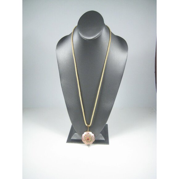 Vintage Lotus Floral Enamel Pendant Necklace 28 inch Goldtone Braided Cord - Picture 10 of 13